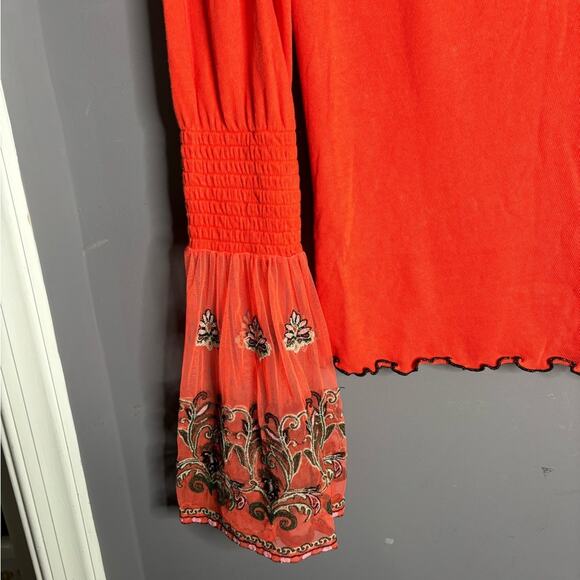 Free People Orange Top Mesh and Embroidered Detail & Bell Sleeves Size Small - Picture 4 of 6